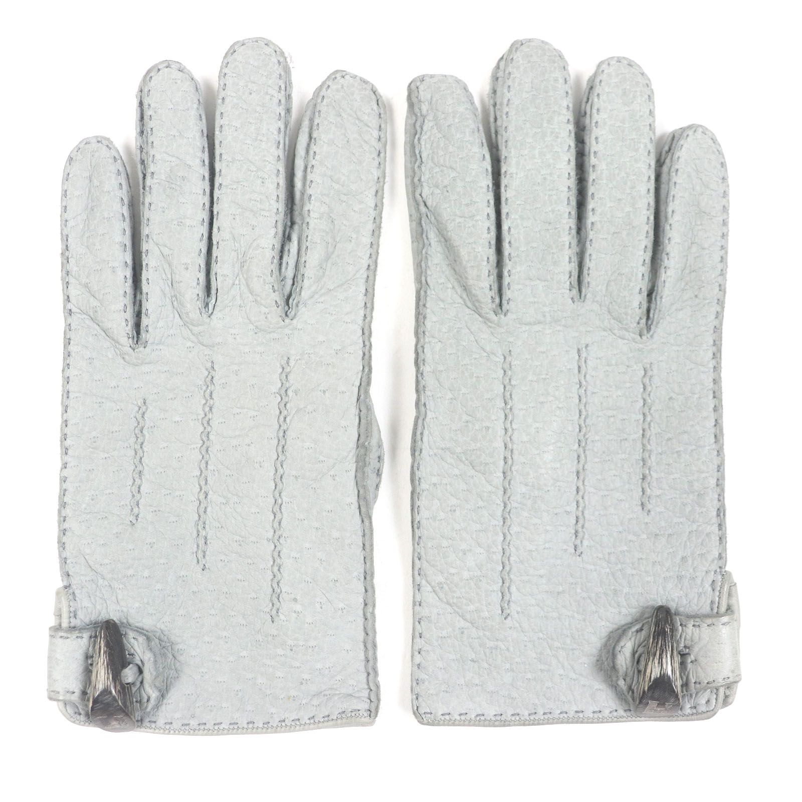 □HERMES エルメス ペッカリー 裏シルク100％ Hモチーフ トグルボタン レザーグローブ 手袋 ライトグレー 7.5 フランス製 メンズ