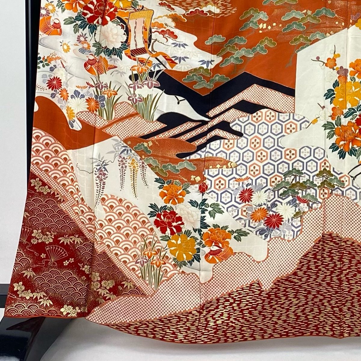 振袖 身丈164cm 裄丈63cm S 袷 御所車 花鳥 金糸 金彩 クリーム 正絹 秀品