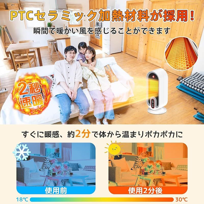 2秒で速暖! セラミックヒーター 小型 2025最新進化 電気ストーブ 小型 暖房器具 省エネ 2段階温風切替 650W 800W ファンヒーター タイマー機能 集塵フィルター付き 過熱保護 転倒安全装置 即暖 セラミックファン 大風量 速暖 1