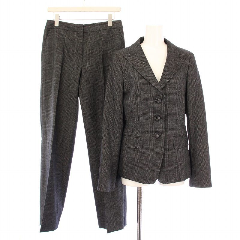 マックスマーラ MAX MARA シングルスーツ セットアップ テーラードジャケット アウター 総裏地 テーパードパンツ スラックス ジップフライ ウール チェック柄 40 ダークグレー |BB
