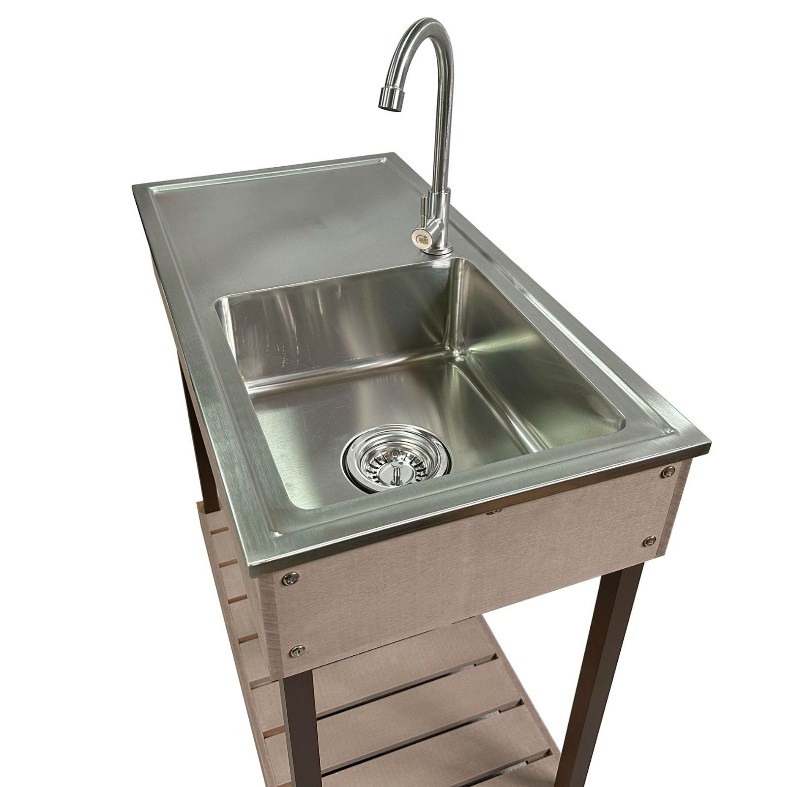 igarden アイガーデン ステンレス製シンク流し台 アイガーデンオリジナル人工木収納庫 組み立て式 蛇口 下水配管 アイウッド人工木製 ハンドメイド 屋外用 職人手作りシンク 14526db W750mm ダークブラウン