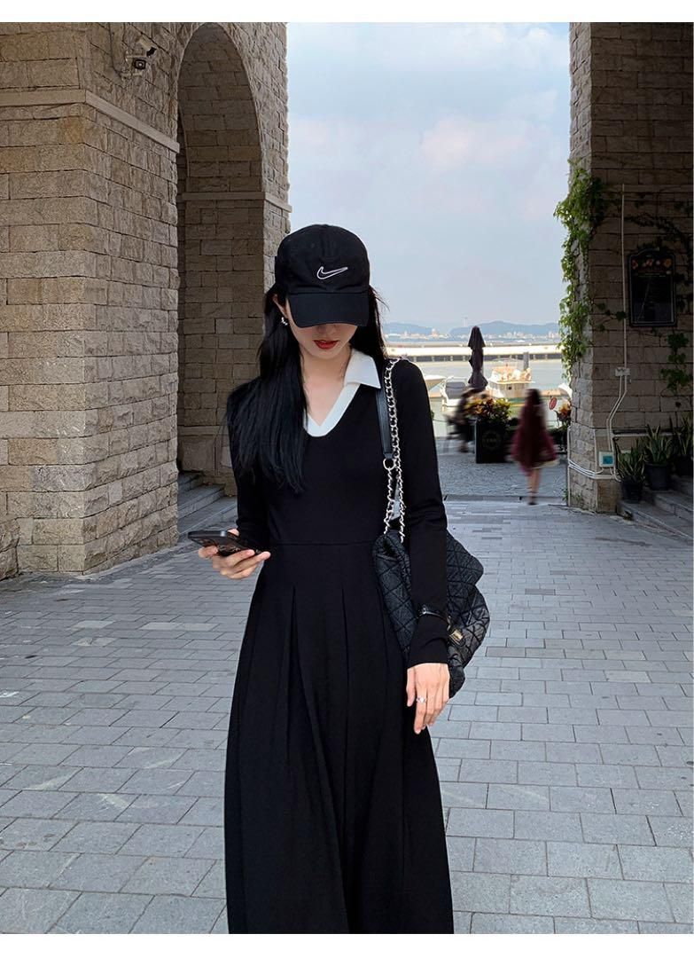 春セクシーコントラストニットドレスロング丈ワンピース