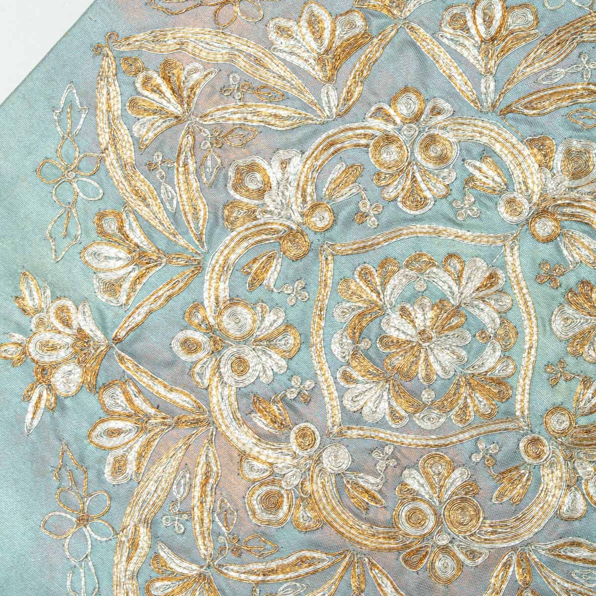 5k2349 名古屋帯　絹　剣片喰紋　刺繍　落款　ピンク　金色　銀色　緑　花柄 秋草に満月刺繍名古屋帯