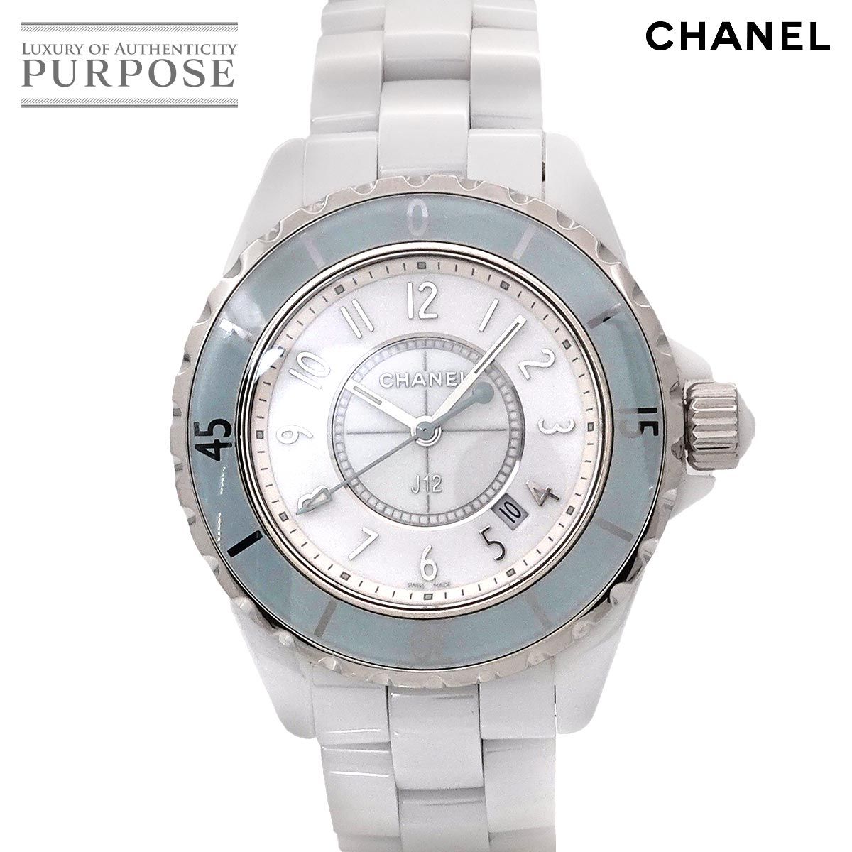 シャネル CHANEL J12 33mm H4340 ソフトブルー 世界 1200本 レディース 腕時計 デイト ホワイト セラミック クォーツ ウォッチ 90296385