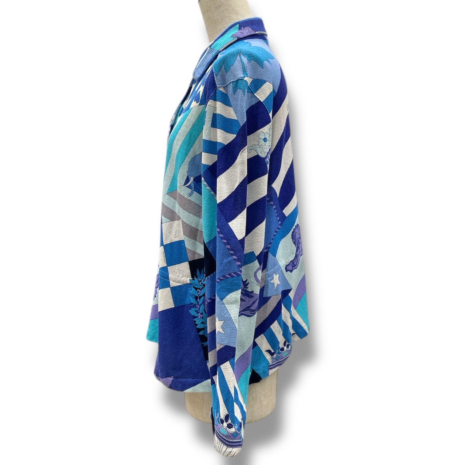 LEONARD SPORT レオナール スポーツ 総柄 ポロシャツ シャツ ブラウス 長袖 ドローコード ドットボタン トップス 0591530 青 ブルー 白 ホワイト 40サイズ レディース 春 秋 ゴーゴー古着マルイ北千住店 1 No.1014