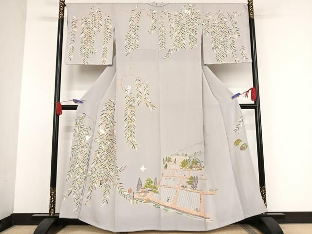 平和屋着物●名門・上野家　上野街子　清染居　隆男　訪問着　人物風景文　鬼しぼ縮緬　正絹　逸品　AAAU4394np 平和屋着物○名門・上野家 上野街子 清染居 隆男 訪問着 人物風景文 鬼