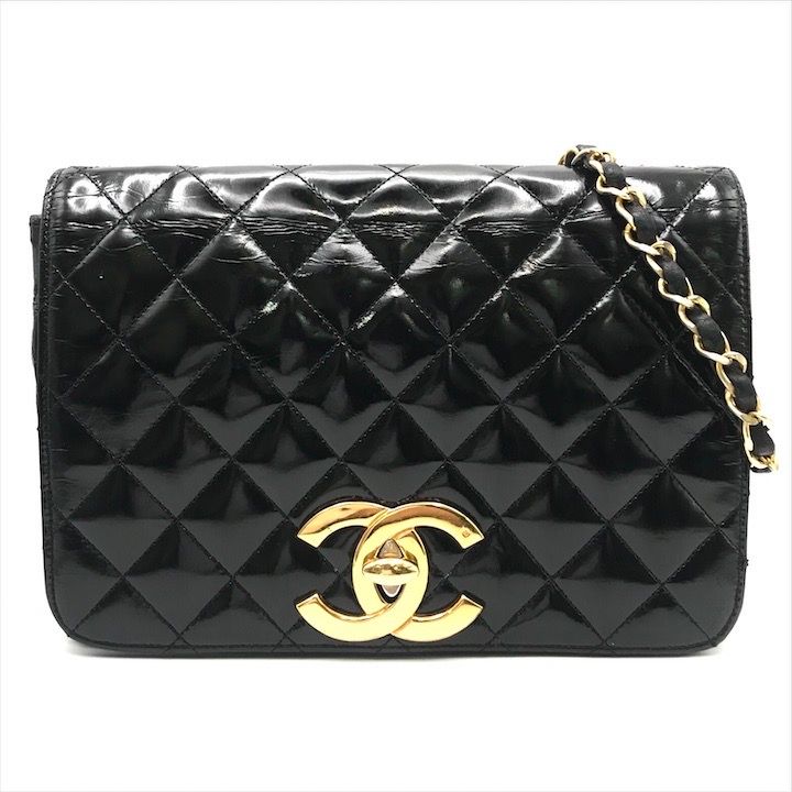 CHANEL シャネル ココマーク マトラッセ カーフ エナメル フルフラップ チェーン ショルダー バッグ ブラック レディース dc4