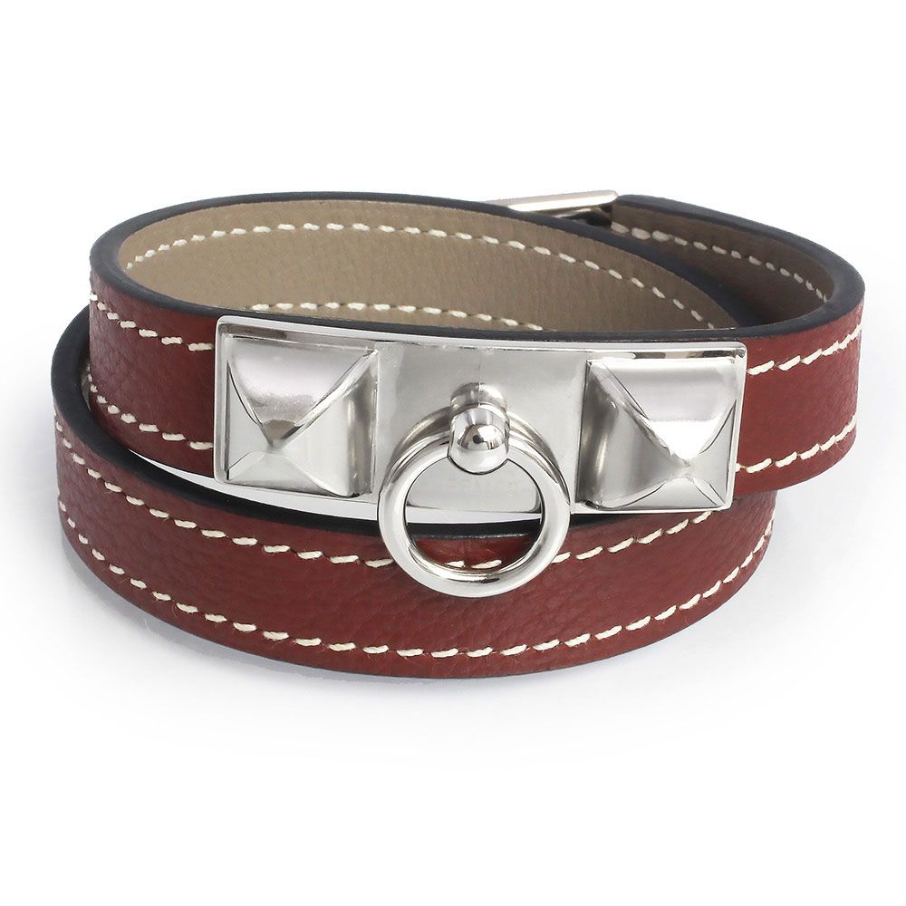 エルメス リヴァル ドゥブルトゥール スタッズ 2連 ブレスレット T2 ヴォーエバーカラー ヴォースイフト レザー ルージュアッシュ ボルドー シルバー金具 C刻印 HERMES ♥ 展示品