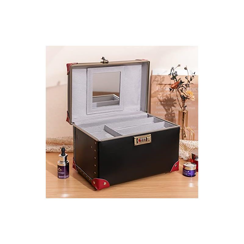 urecity ポータブルメイクアップトレインケース コスメティックオーガナイザーケース レザー収納ボックス コンビネーションロック付き ブラック-レッド 0