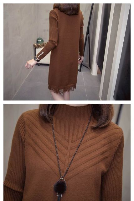 ニットミニワンピース 膝丈 ひざ丈 膝下 袖あり 長袖 襟なし タイト