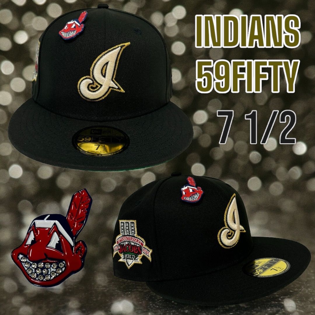 新品71/2 黒×金インディアンスニューエラ59FIFTY ワフー酋長ピンズ付き海外限定NEW ERA INDIANS