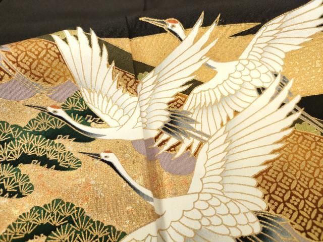 ◆豪華■正絹総絞り■吉祥飛鶴文■黒地■金彩加■振袖一式 振袖 豪華 刺繍 金彩 紋意匠 身丈171cm 振袖 豪華 銀通し 刺繍