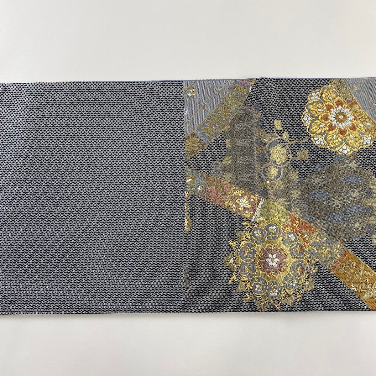 袋帯 美品 秀品 華文 向かい鳥 箔 金糸 灰紫 六通 正絹 【中古】