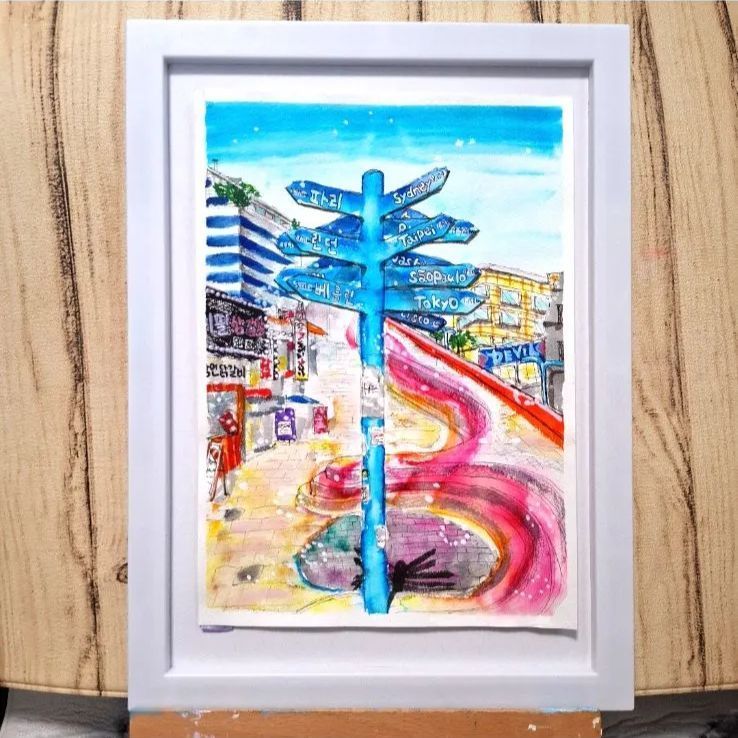 韓国のサインポスト B5サイズフレーム入り 原画 水彩画 風景画 手描き