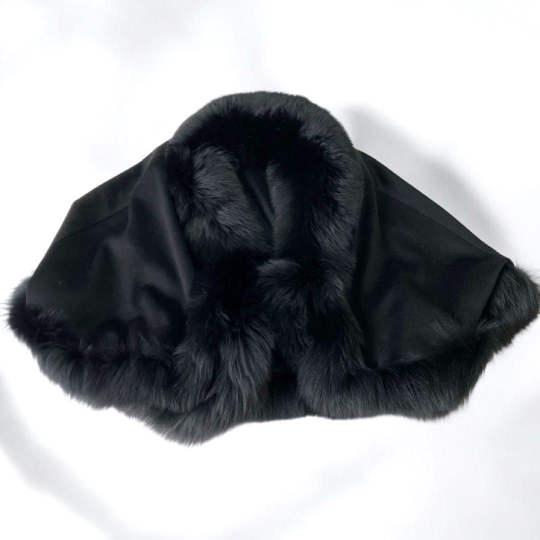 カシミア100% フォックスファー 毛皮 ケープ ポンチョ マント 黒 M