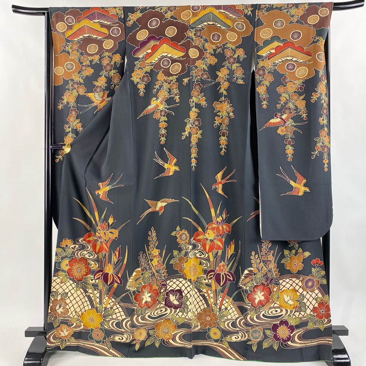 振袖 身丈169.5cm 裄丈67cm M 袷 草花 鳥 墨色 正絹