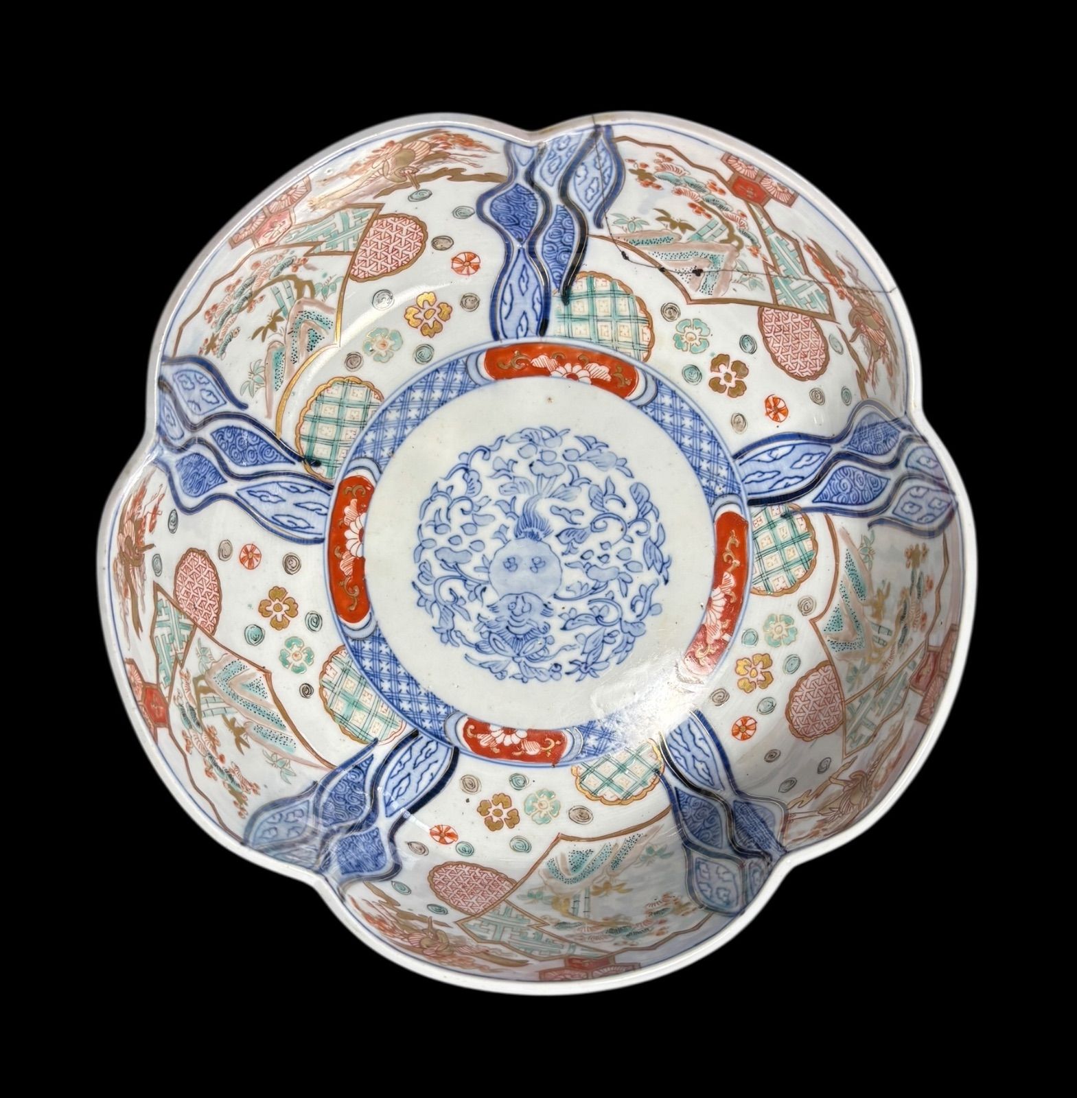 古伊万里 花形大鉢 [松竹梅草花文図] 福 錦手 金彩 色絵 鉢 取り