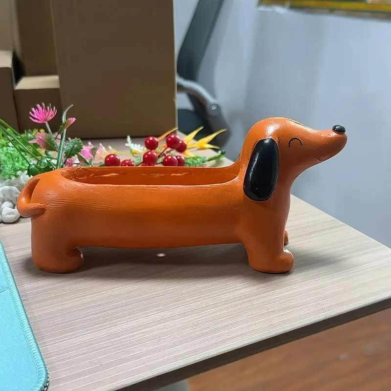 プランター 犬 ダックスフンド 樹脂 オレンジ フラワーポット