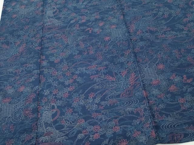平和屋着物▽上質な紬　単衣　御所車草花文　正絹　逸品　CAAQ0005vf 平和屋着物▽上質な紬 単衣 御所車草花文 正絹 逸品 CAAQ0005vfの通販