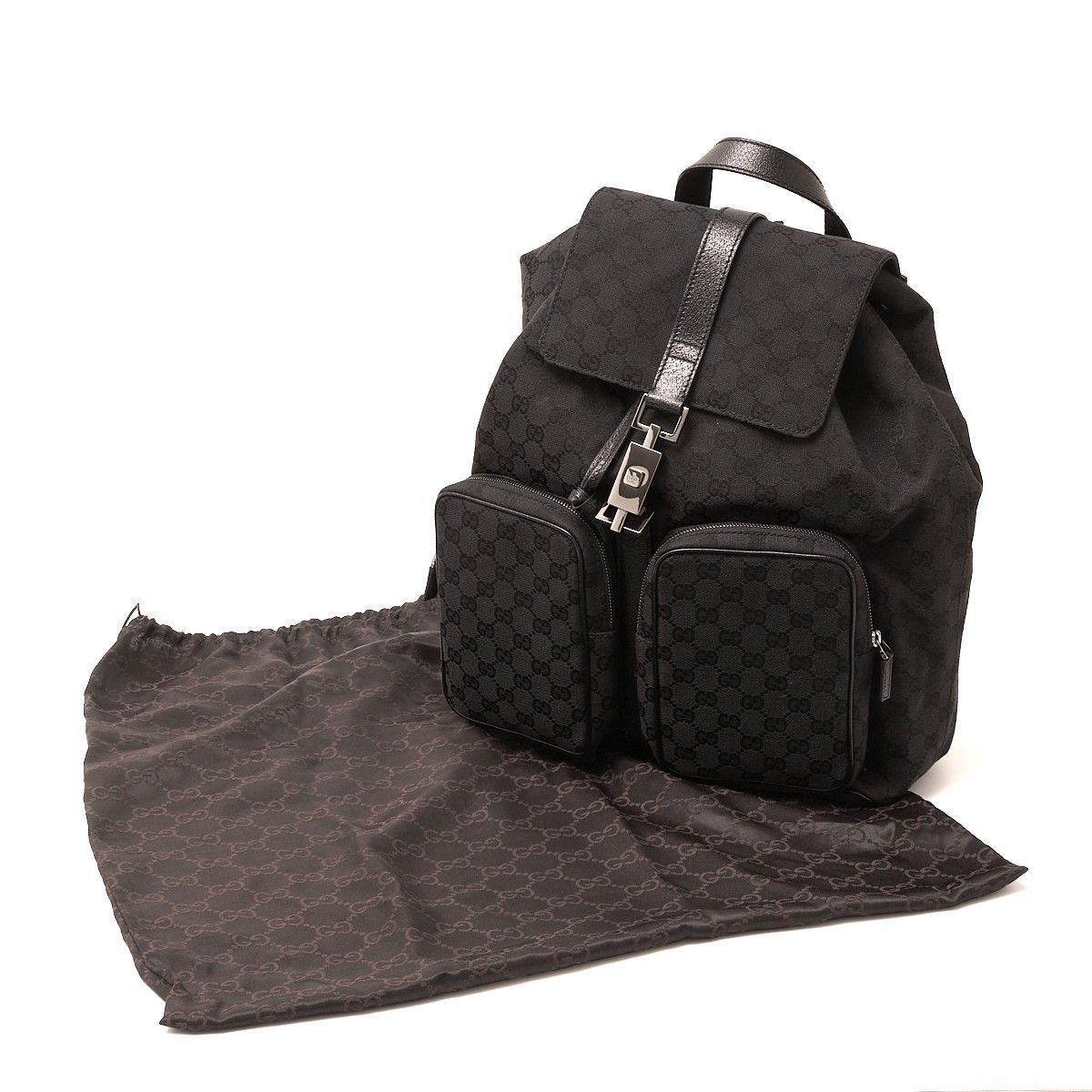 GUCCI ジャッキー GGキャンバス リュック 巾着 フラップ　黒 激レア】GUCCI ジャッキー GGキャンバス ミニリュック 巾着