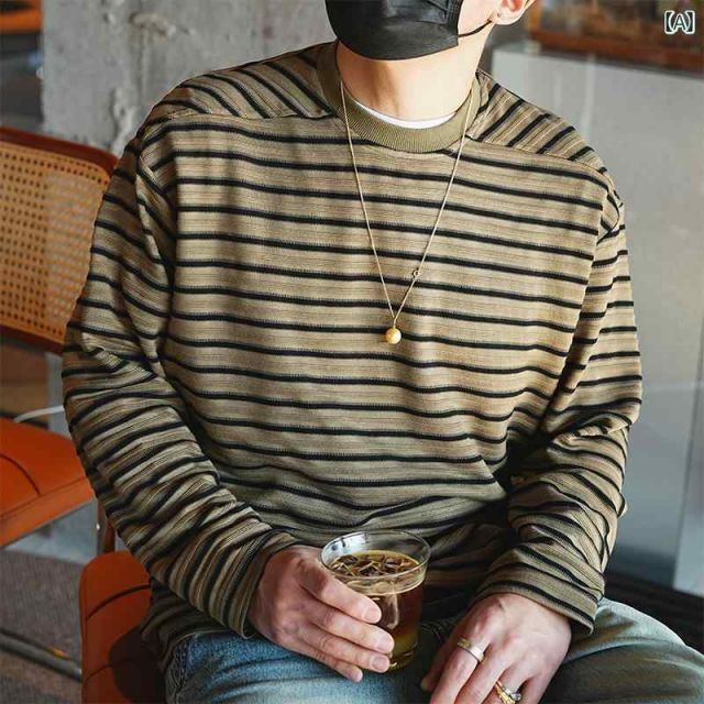 メンズ ファッション 服 男性用 オシャレ シンプル 大人 かっこいい 大きいサイズ ストリート 紳士服 レトロ ストライプ ラウンドネック シャツ カジュアル ニット カラー ブロック プルオーバー スウェットシャツ