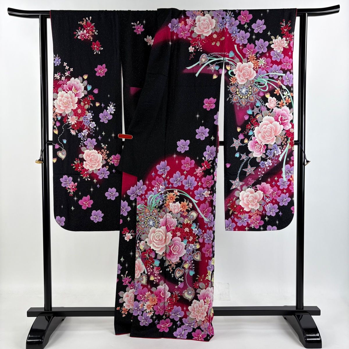 振袖 身丈165.5cm 裄丈68.5cm L 袷 薔薇 宝石 銀通し 刺繍 黒