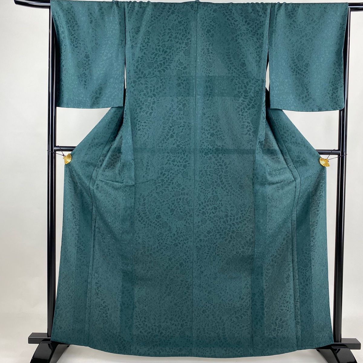 色無地 身丈163.5cm 裄丈67cm M 単衣 地紋 緑 正絹 名品