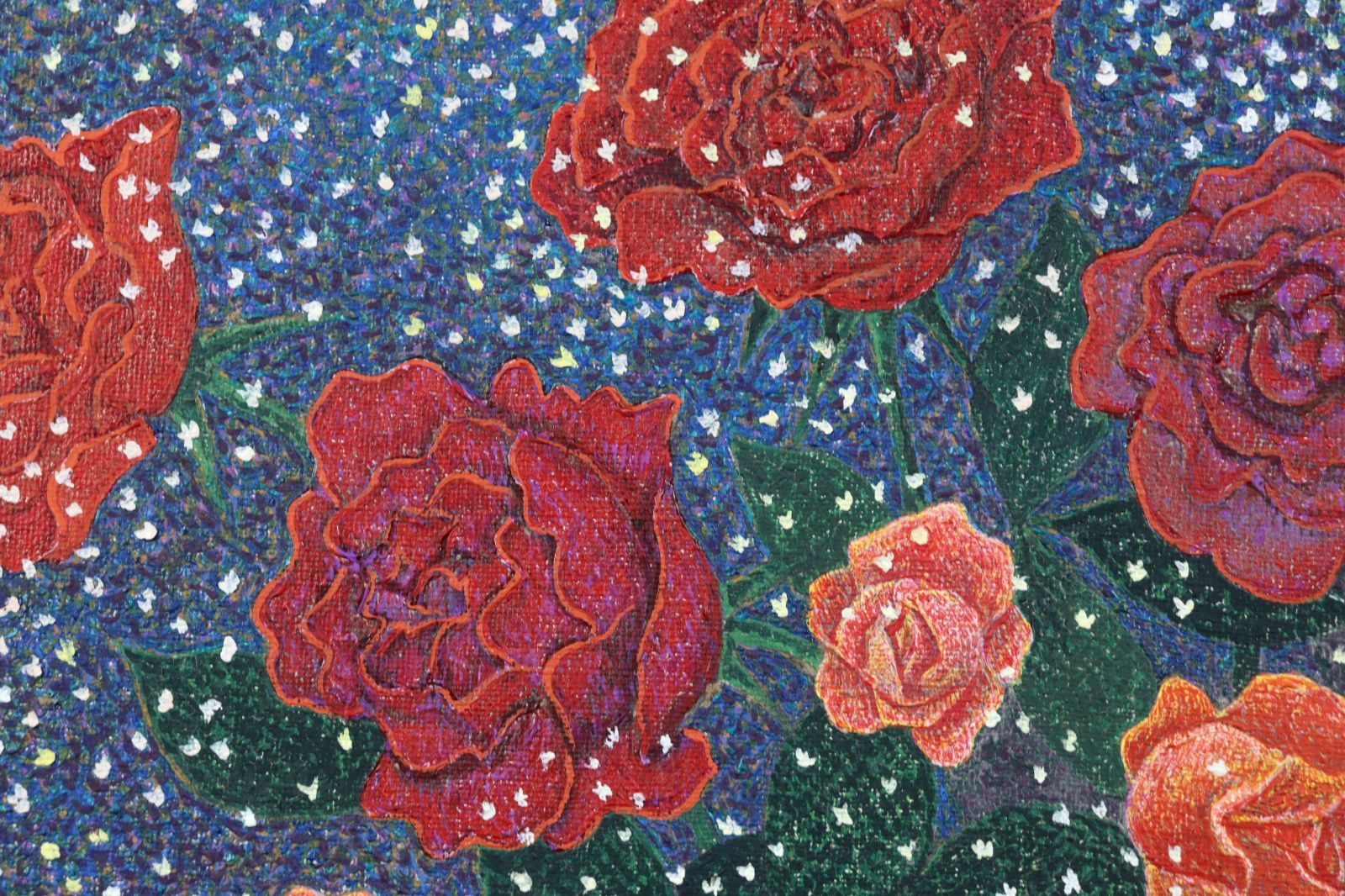点描の画家 武村次郎 「静物画」 肉筆油彩12号 薔薇 カスミ草 唐