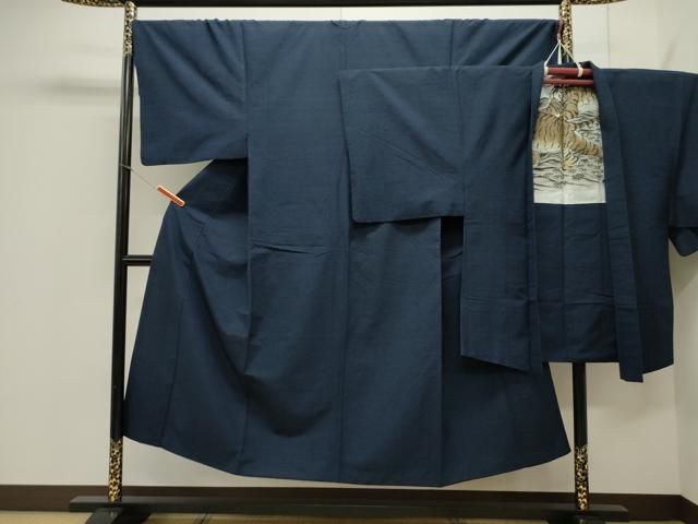 平和屋着物●男性 紬 アンサンブル 濃紺地 正絹 CAAX8539dy