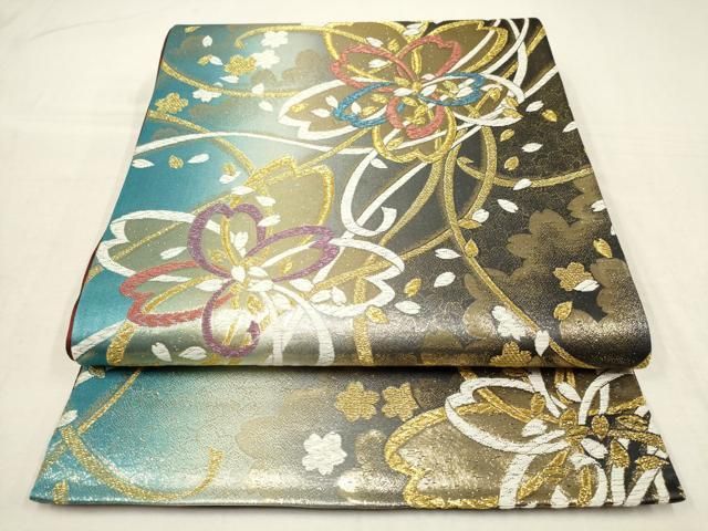 平和屋着物▽振袖用 六通柄袋帯 舞桜文 金糸 正絹 逸品