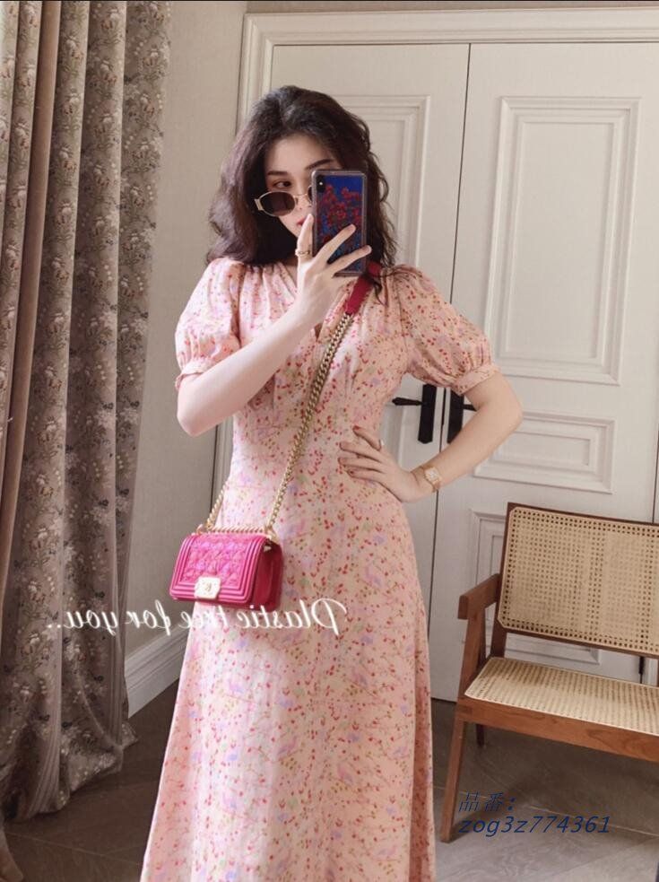 花柄ワンピース ロングワンピース レディース Vネック 韓国ファッション ホルターネック Aライン 花柄ドレス ピンク キレイめ 半袖ワンピース zog3z774361