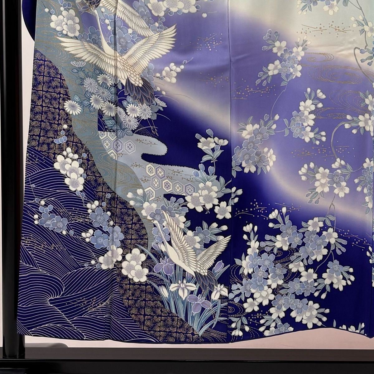 振袖 身丈154cm 裄丈62cm S 袷 鶴 枝梅 金彩 染め分け 水色 正絹 秀品
