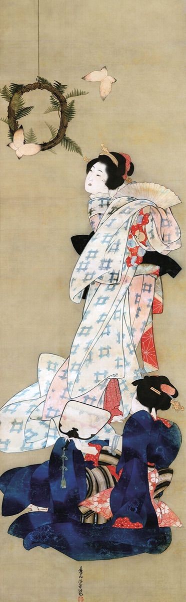 葛飾応為 蝶々二美人図 小サイズ 印刷 ポスター 複製 浮世絵 葛飾北斎