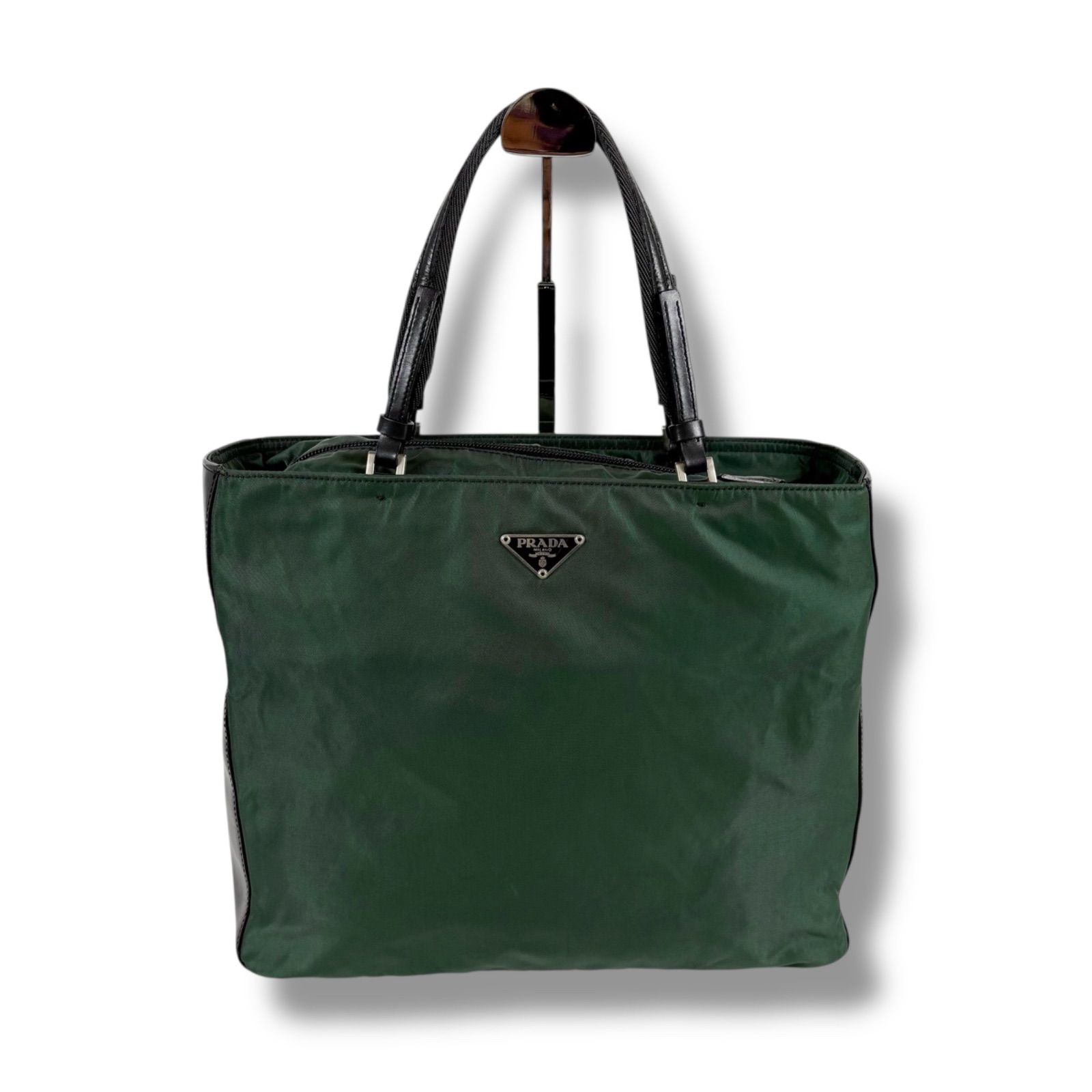 バッグ PRADA Y2K triangle logo khaki tote bag Prada Triangle Logo Mini Tote Bag Khaki Green Leather Nylon