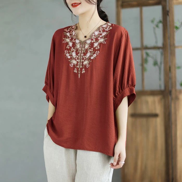 ブラウス Tシャツ トップス チュニック レディース 夏 半袖 五分袖 レース 刺繍 花柄 フェミニン 涼し気 エレガント ベージュ ピンク グリーン パープル 休日 お 刺繍ブラウス レディース 五分袖 トップス 送料無料 シャツ