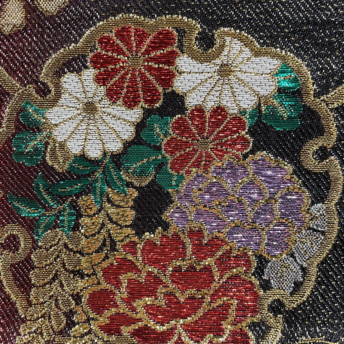 袋帯 秀品 向かい鶴 菱 刺繍 箔 ピンクベージュ 六通 正絹 中古