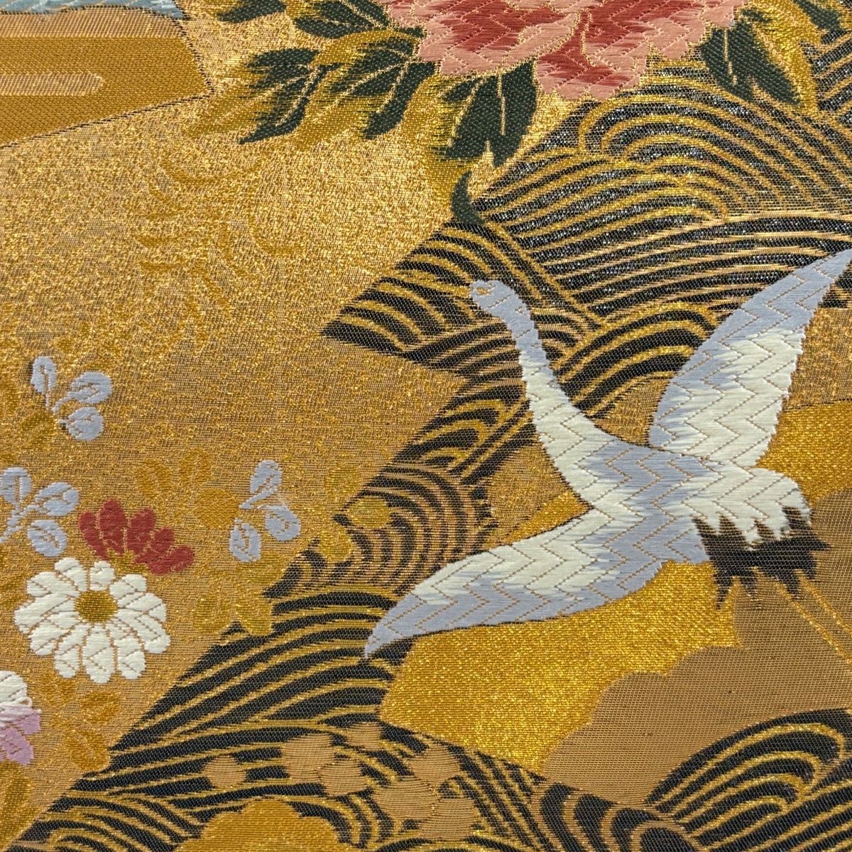 袋帯 美品 秀品 証紙 鶴 草花 箔 唐織 金色 六通 正絹 【中古