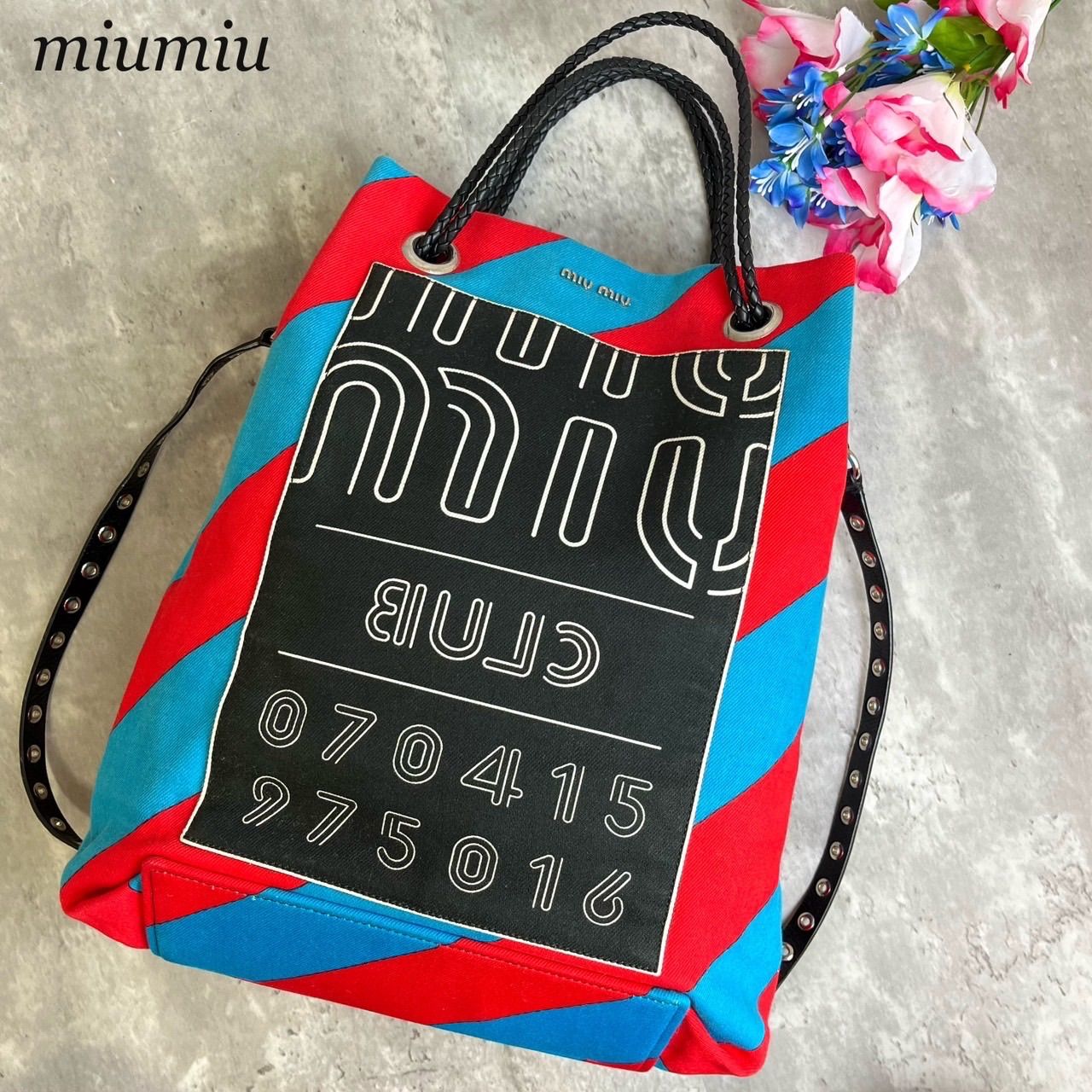 ✨良品✨MIUMIU ミュウミュウ ハンドバッグ 3way リュックサック バッグパック ナップサック ボーダー ロゴシルバー金具 レザー キャンバス  レッド ブルー 赤色 青色 レディース - メルカリ