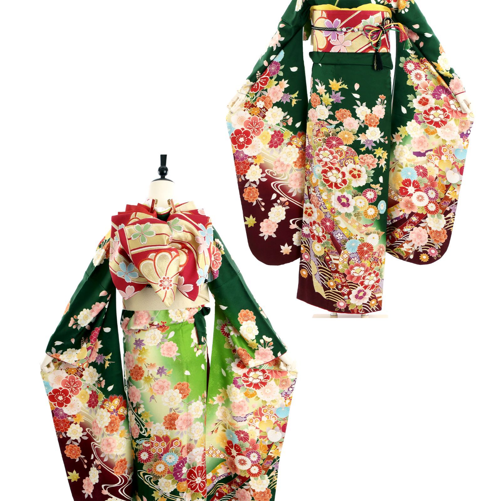 振袖 振袖フルセット 振袖セット USED振袖 中古 緑 古典柄 鞠 熨斗 7点