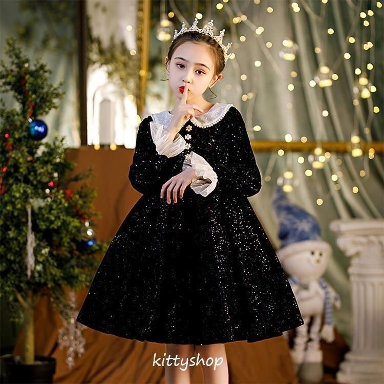 子供ドレス 黒 ワイン赤 ワンピース フォーマル 子供服 女児ドレス 入学式 卒業式 スパンコール キッズドレス キレイめ 長袖 フレア袖 襟付き hab