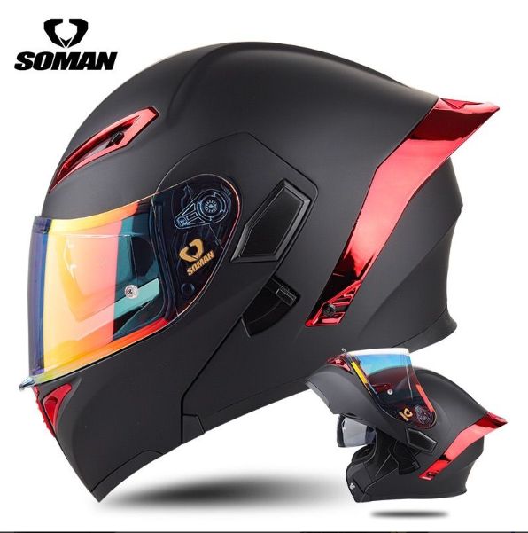 SOMAN SM955S-S シールド2枚付きフルフェイスヘルメット ダブルレンズ 大型リアスポイラー 通気システム バイク用ヘルメット インナーバイザー付き 男女兼用