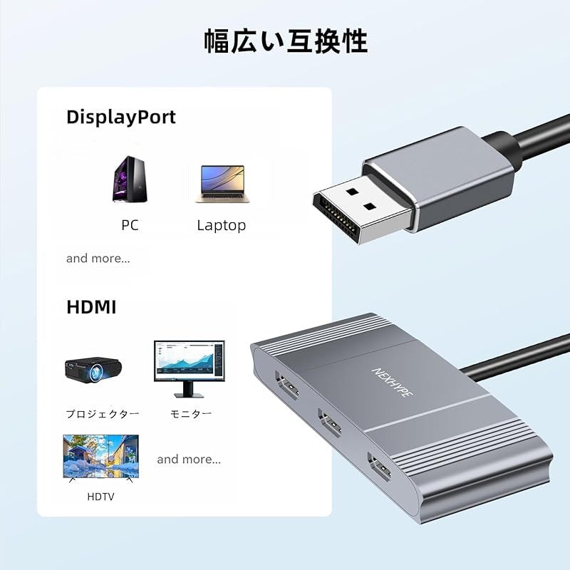 DisplayPort to 3 HDMI MST ハブ 3ポート 4K 60Hz DisplayPort 1.4 スプリッター モニター DisplayPor t 拡張 HDM I 分配器 ミラーモード 拡張モード対応