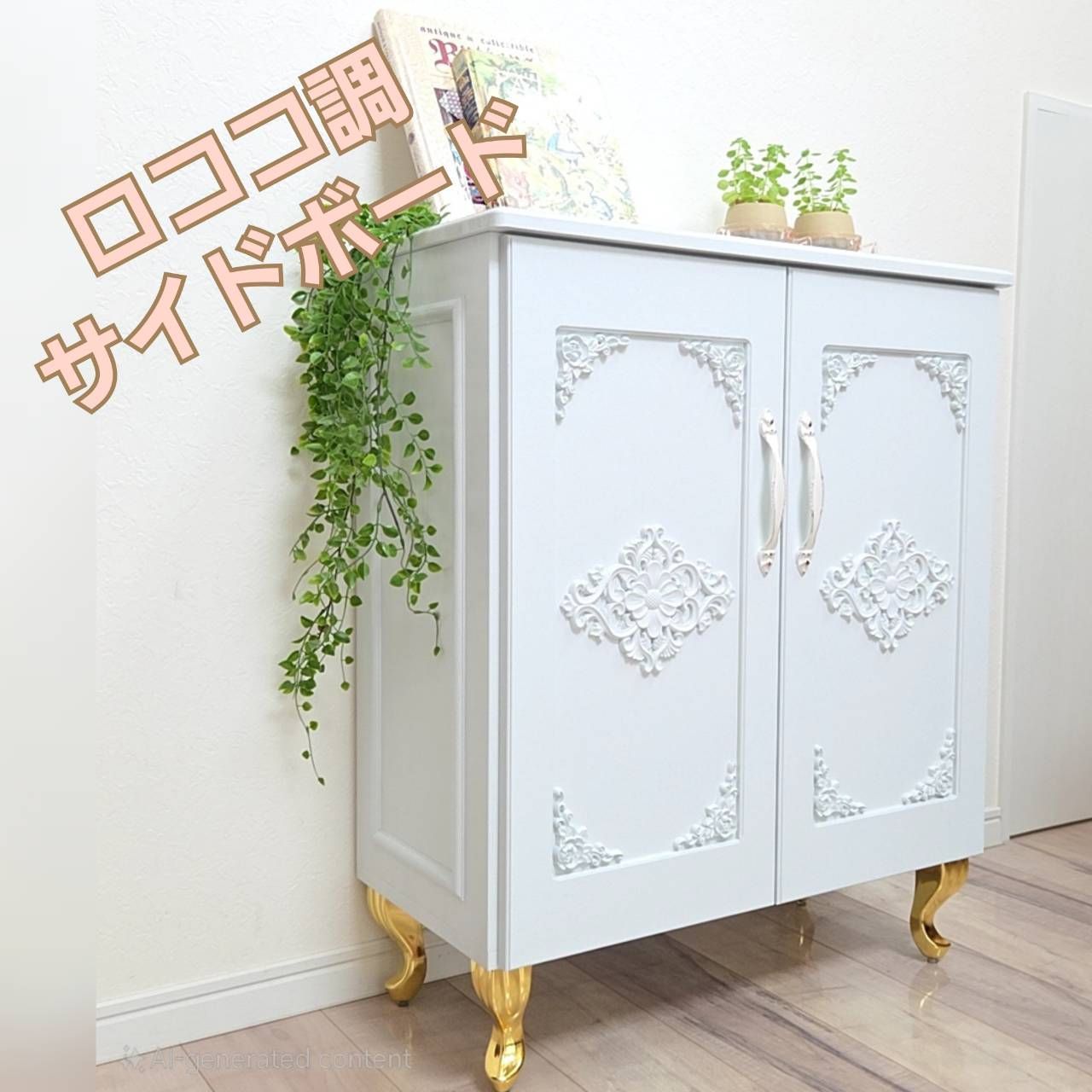 ロココ調ホワイトキャビネット 姫系インテリアにぴったりの収納棚 可愛いゴールド脚付き家具