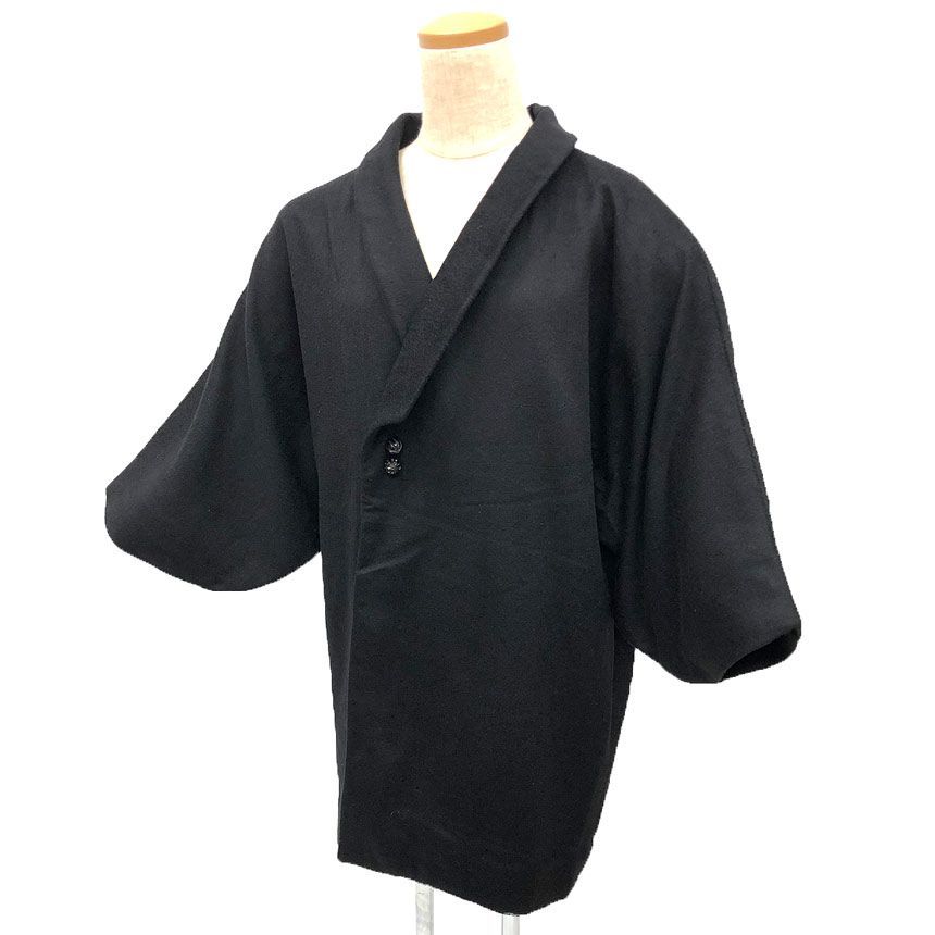 京やM445 着物コート 和装冬コート カシミヤコート 袷仕立て ラグラン袖 船底袖 へちま衿 ブラック 黒 フォーマル カジュアル兼用 三越謹製 仕立て上がり 道行 道中着 羽織 リサイクル着物