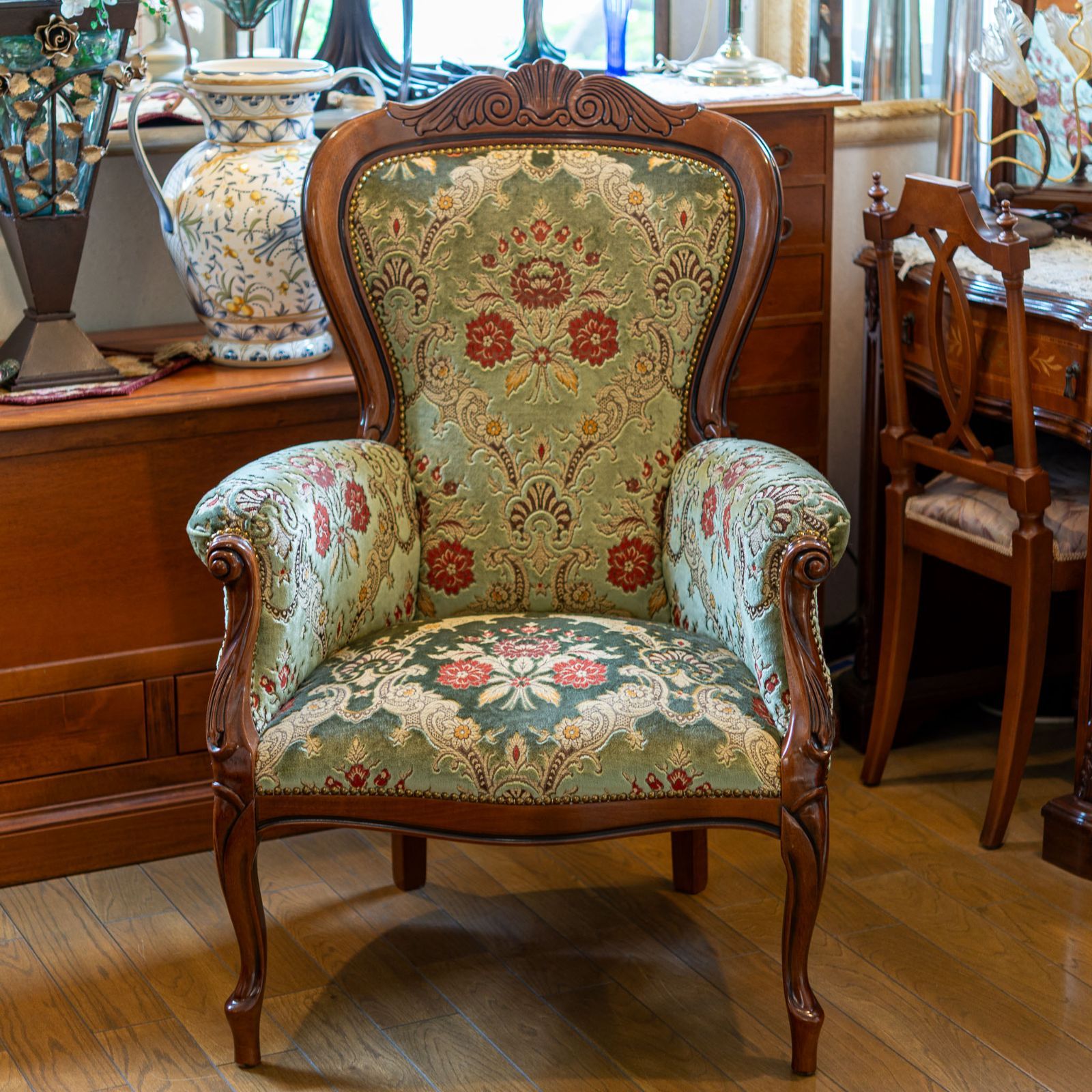 イタリア製 金華山 木製 ハイバック アームチェアー グリーン