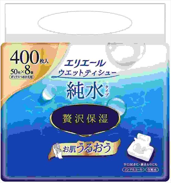 【送料無料】 【まとめ買い-4点セット】エリエールウェットティシュー　純水タイプ　ぜい沢保湿　詰替え５０枚×８パック 【大王製紙】 おしりふき・ウェットティッシュ