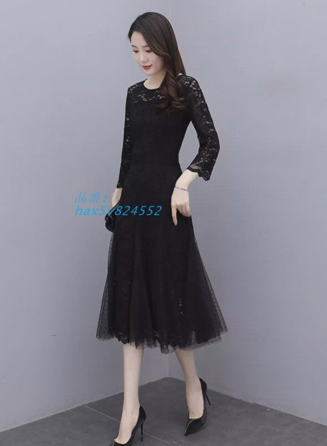 パーティードレス 結婚式 お呼ばれドレス ワンピースドレス Aライン 膝丈 ドレス 黒 長袖 花柄 3L 40代 30代 レース 袖あり 切り替え 大きいサイズ 20代 hax5v824552