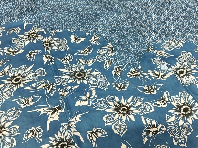 平和屋着物●本場染大島紬　訪問着　型染め　藍　麻の葉文様　花蝶文　正絹　逸品　AABA0151zg 平和屋着物○本場染大島紬 訪問着 型染め 藍 麻の葉文様 花蝶