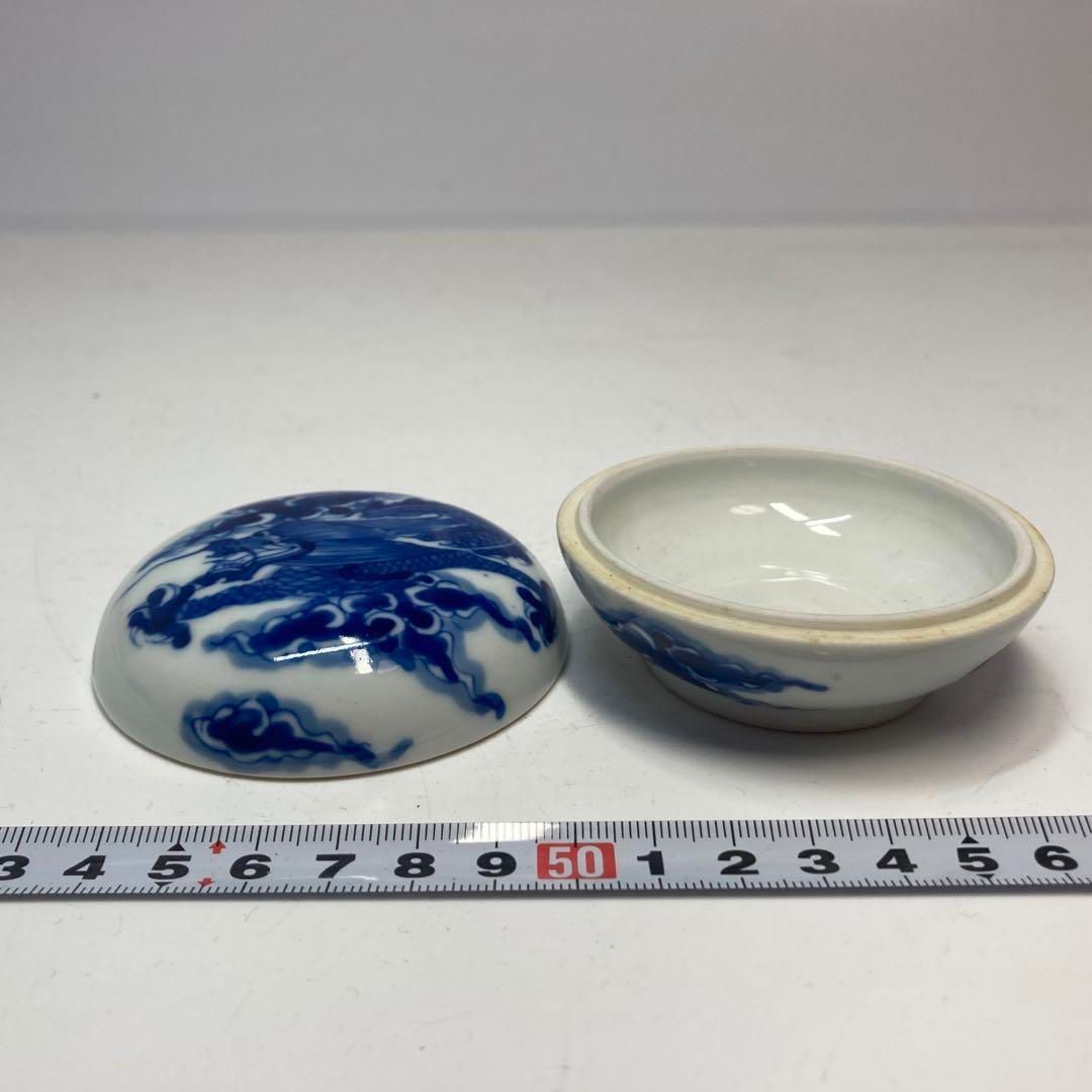 中国　清朝時代　雲龍図　青華　香合　木箱付　トヒサ　本さ5-0512☆ 中国 清朝時代 雲龍図 青華 香合 木箱付 トヒサ 本さ5-0512