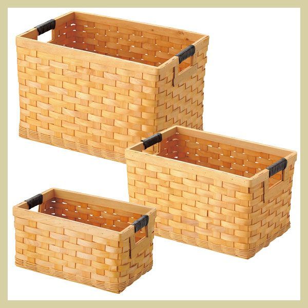 『ウッド』（３Ｐセット）四角タイプ収納（両手持ち）　※ウッドチップ，木，かご，まとめ買い，リーズナブル，アジアン雑貨，バスケット，ケース，ボックス，箱，インテリア，カント